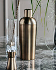 Luxury antique brass barware set, premium stainless steel cocktail shaker, strainer, stirrer, measuring cup, ice bucket, tongs, stylish vintage bar tools by Ella James at brixbailey.com