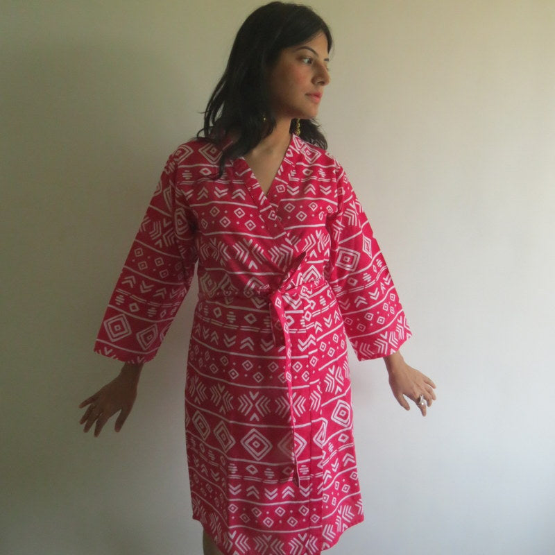 Red Aztec Knee Length, Kimono Crossover Belted Robe-1
