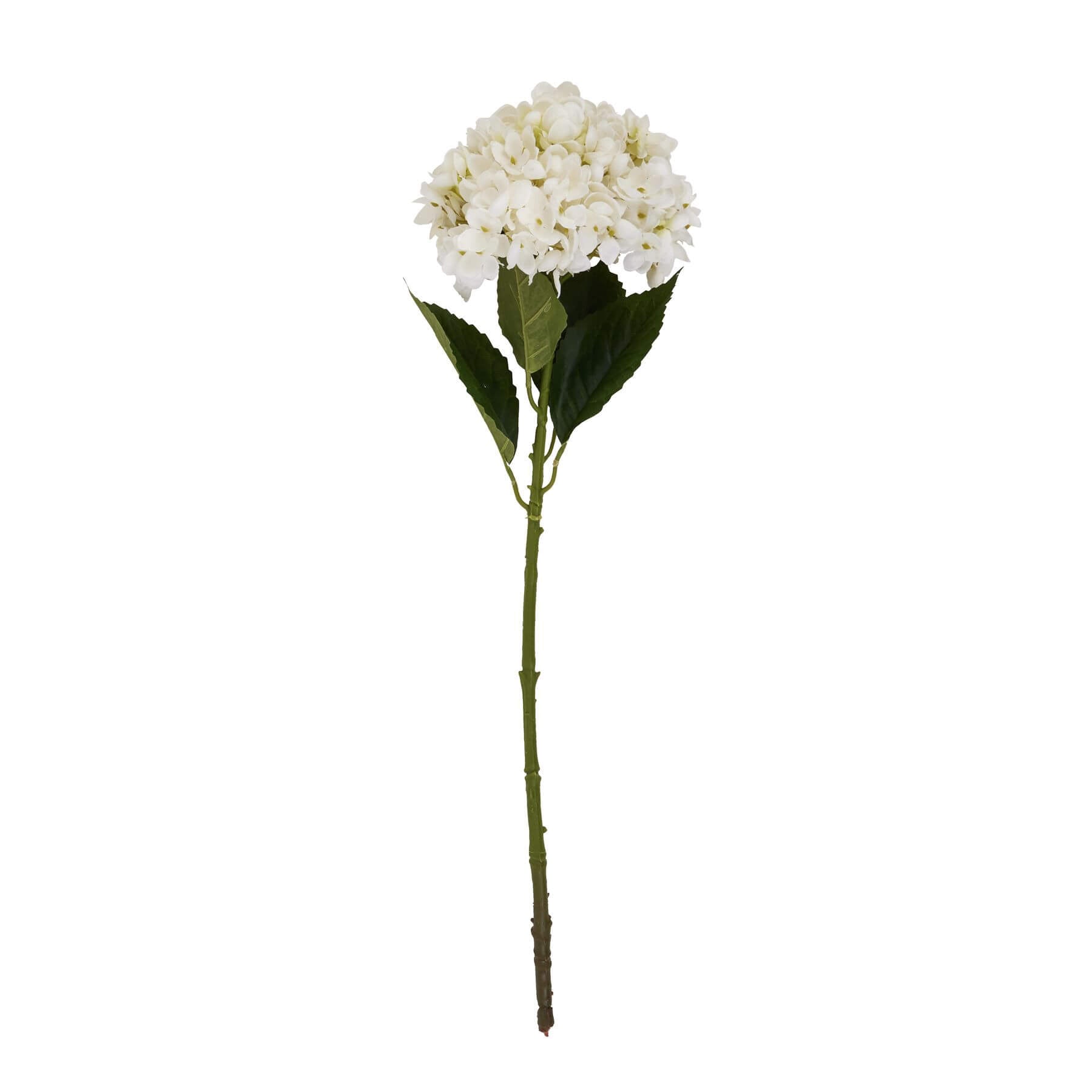 White artificial hydrangea stem with lifelike petals, pristine white color, and sturdy green stem for floral arrangements. by sostter at brixbailey.com