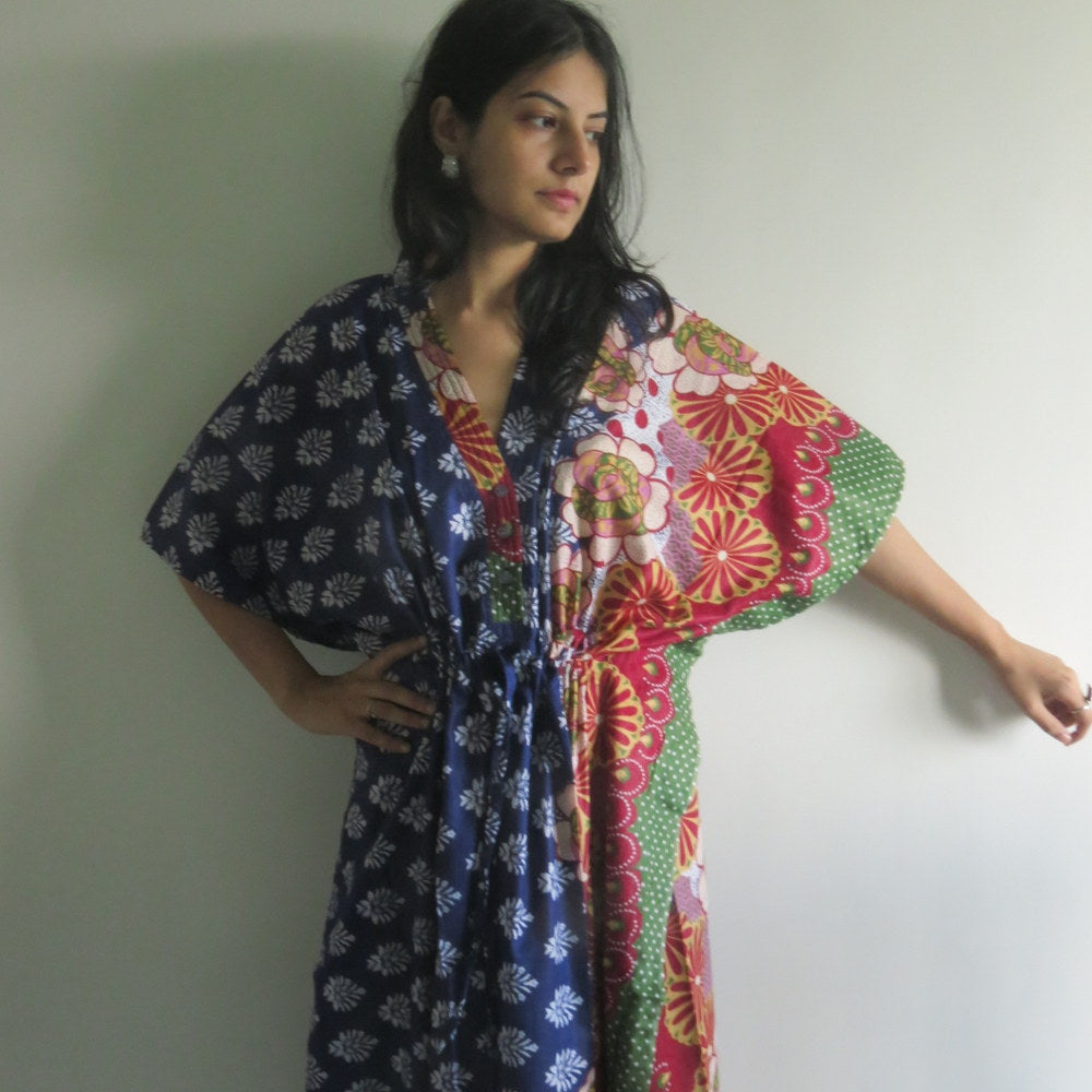 Blue Floral Bordered V-Neck Button Down to Waist, Ankle Length, Cinched Waist Caftan-4