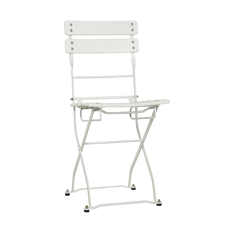 Modern white iron bistro table and chairs set, compact folding patio furniture for balcony or garden, stylish summer seating by Ella James at brixbailey.com
