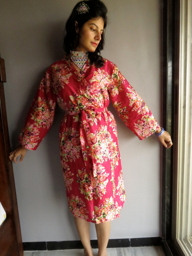 Magenta Floral Knee Length, Kimono Crossover Belted Robe-C5 fabric Code-3