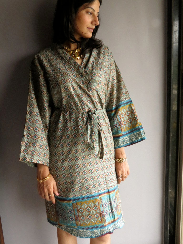 Blue Plaid Knee Length, Kimono Crossover Belted Robe-4