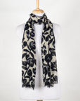 Buds and Flowers Merino Wool Scarf - Black White