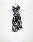 Buds and Flowers Merino Wool Scarf - Black White
