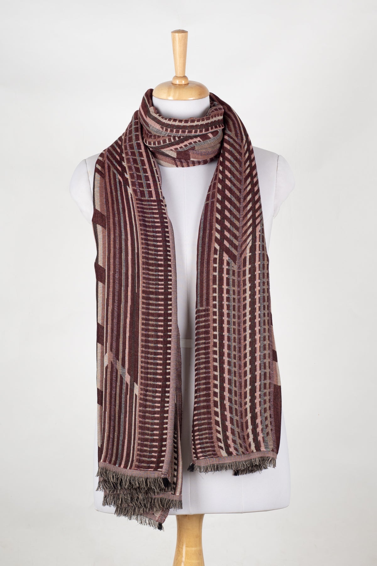 Geometric Abstract Jacquard Merino Wool Scarf - Maroon