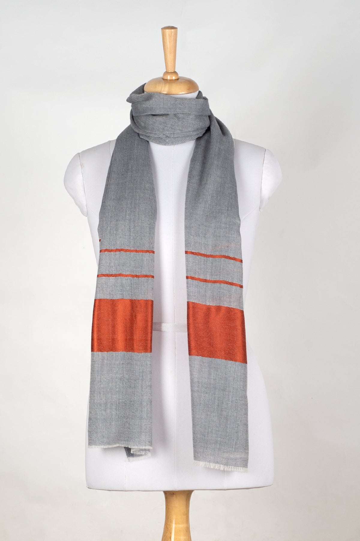 Bordered Stripe Cashmere Wool Scarf – Grey &amp; Orange