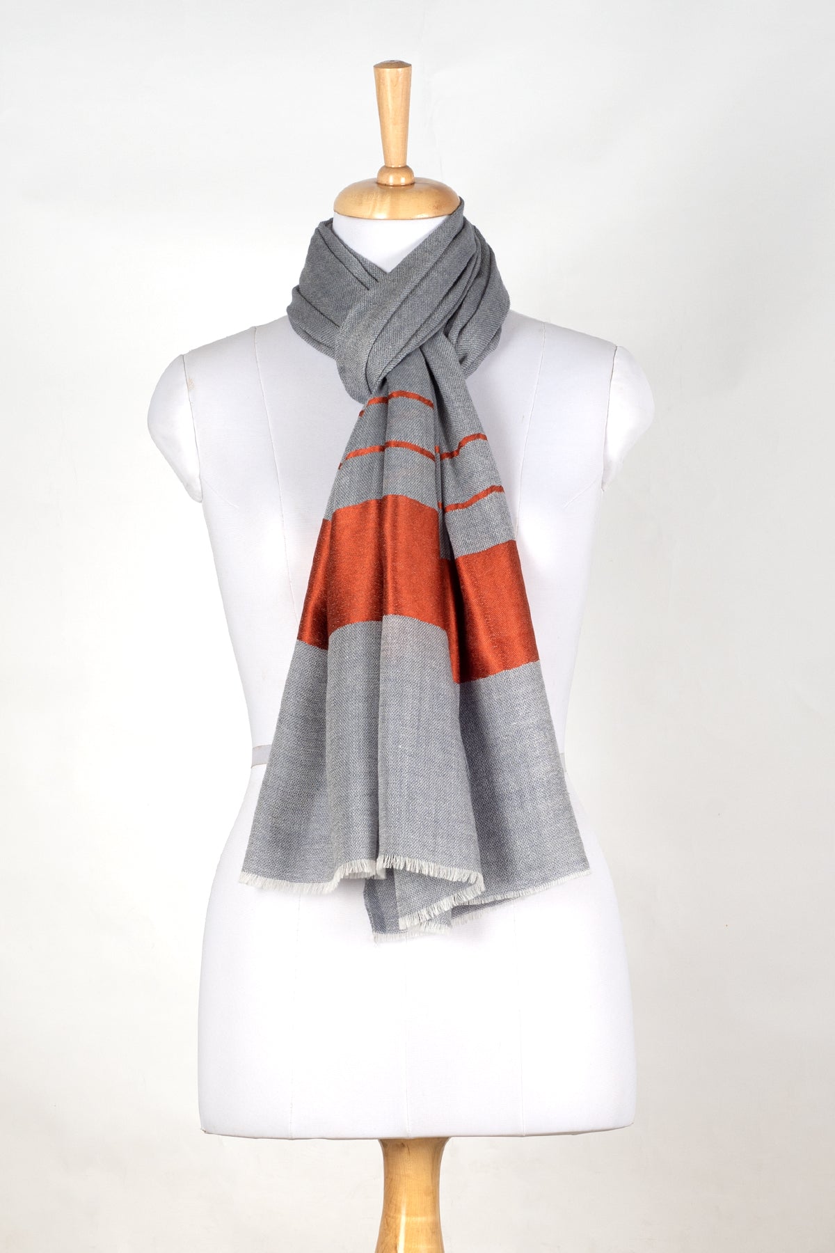 Bordered Stripe Cashmere Wool Scarf – Grey &amp; Orange
