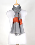 Bordered Stripe Cashmere Wool Scarf – Grey & Orange