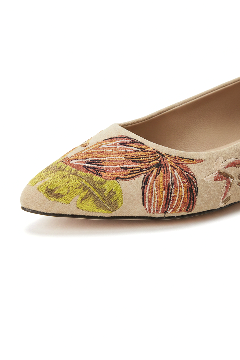 Pindaiva Beige Suede Embroidered Ballerinas