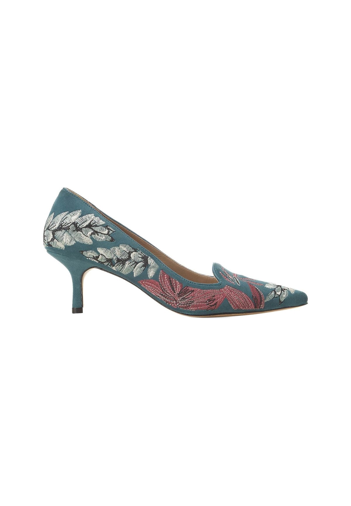 Ipê Suede Turquoise Pumps – 6cm Embroidered Kitten Heel