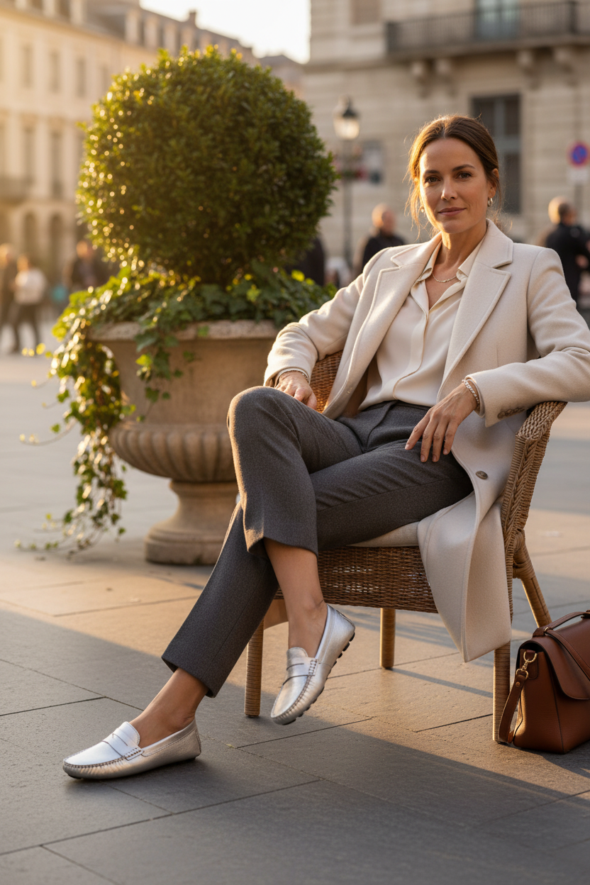 Angico Silver Leather Driving Loafers – Flat Penny Moccasins