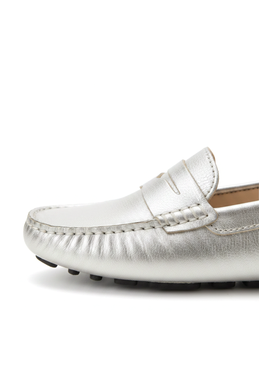 Angico Silver Leather Driving Loafers – Flat Penny Moccasins
