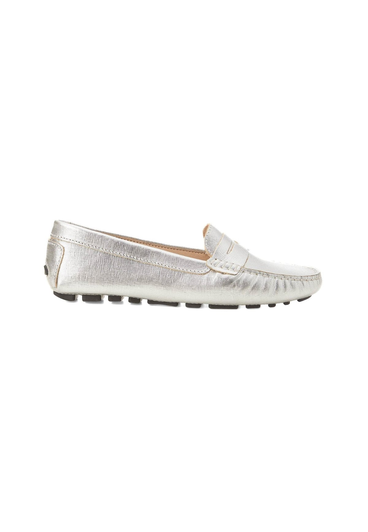 Angico Silver Leather Driving Loafers – Flat Penny Moccasins