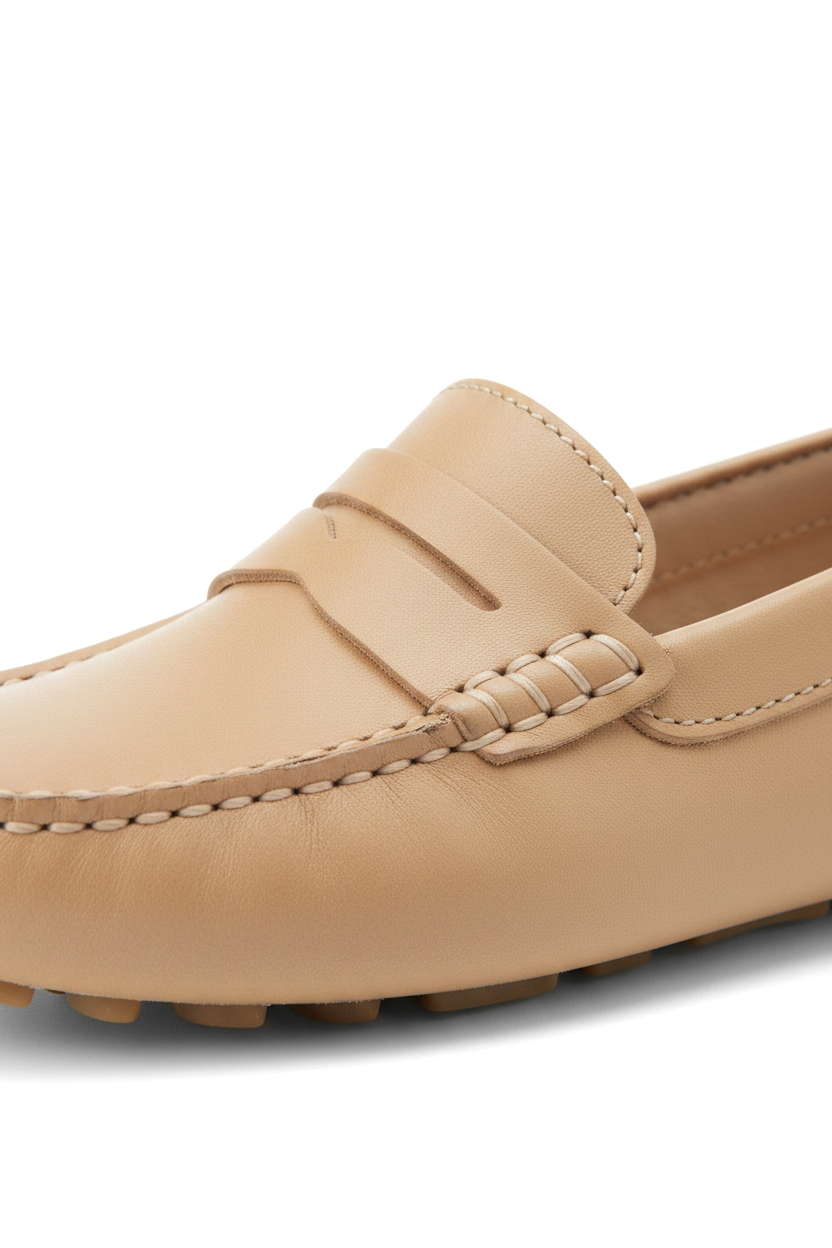 Angico Beige Leather Driving Loafers – Flat Penny Moccasins