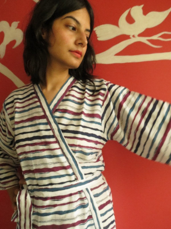 White Blue Striped Knee Length, Kimono Crossover Belted Robe-4