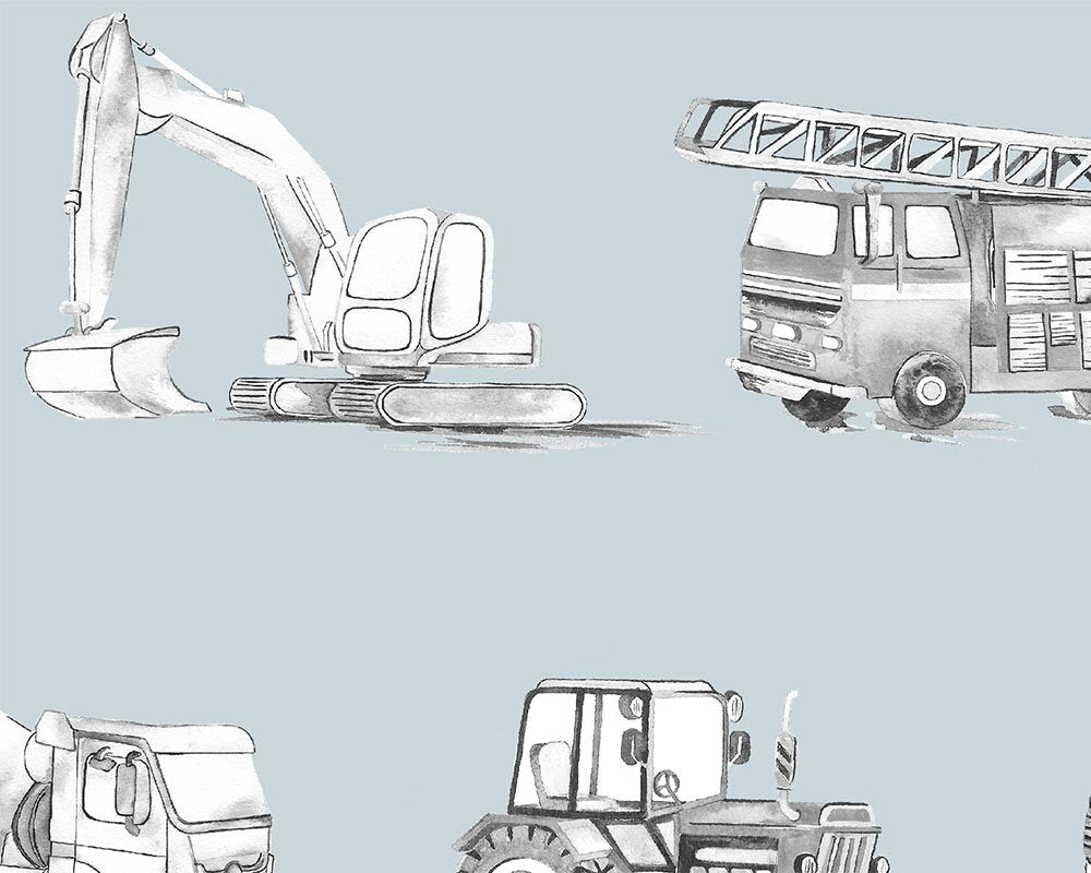 Watercolour Vehicles Wallpaper | Diggers, Fire Engines &amp; Trucks | Kids Bedroom &amp; Nursery