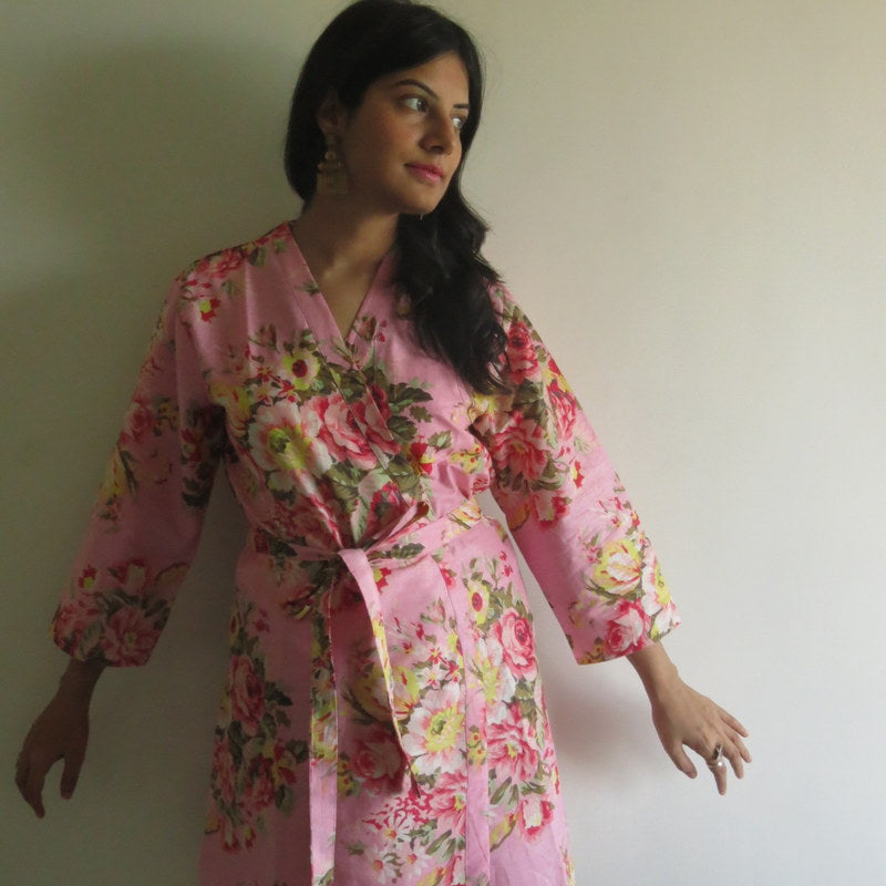 Pink Floral Knee Length, Kimono Crossover Belted Robe-2