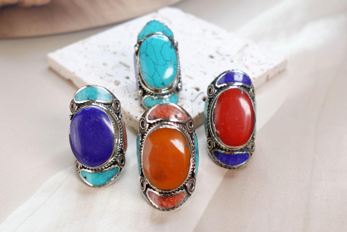 Tibetan Silver Mosaic Ring – Turquoise, Coral, Amber & Lapis