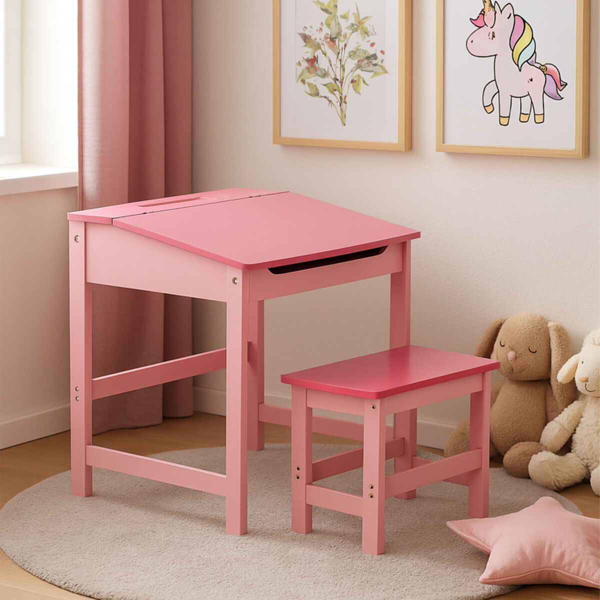 Jordan Pink Kids Desk and Stool Set with Storage