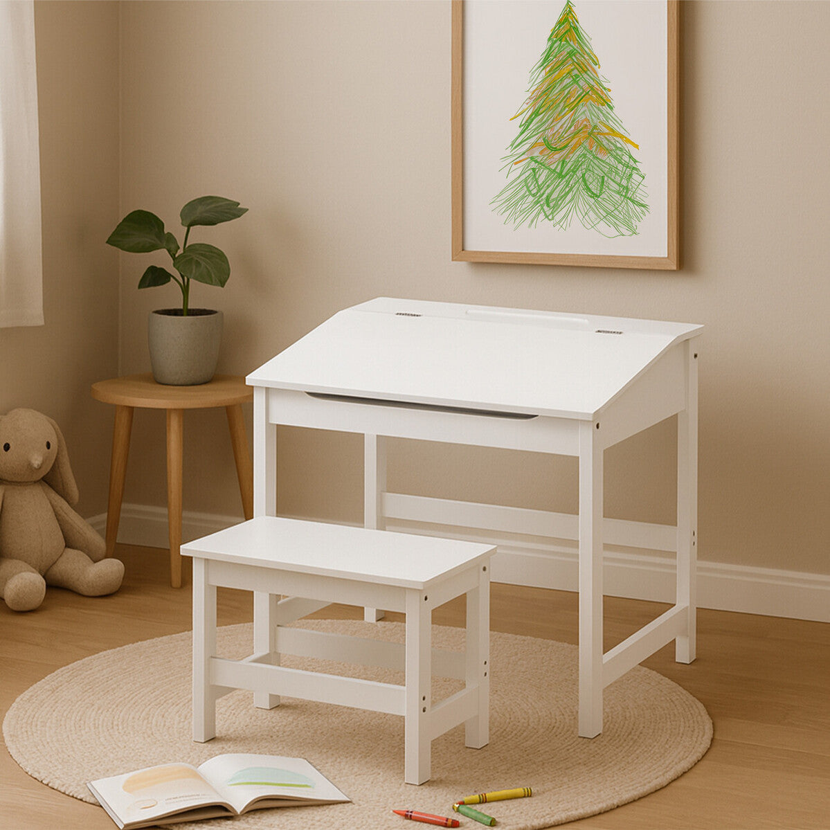 Jordan White Kids Desk and Stool Set with Storage