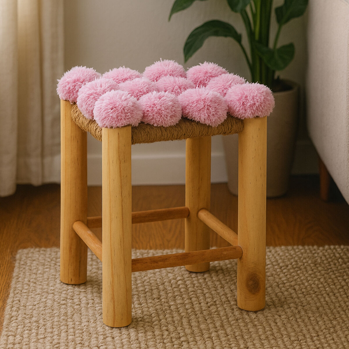 West Village Pink Pom Pom Wooden Stool