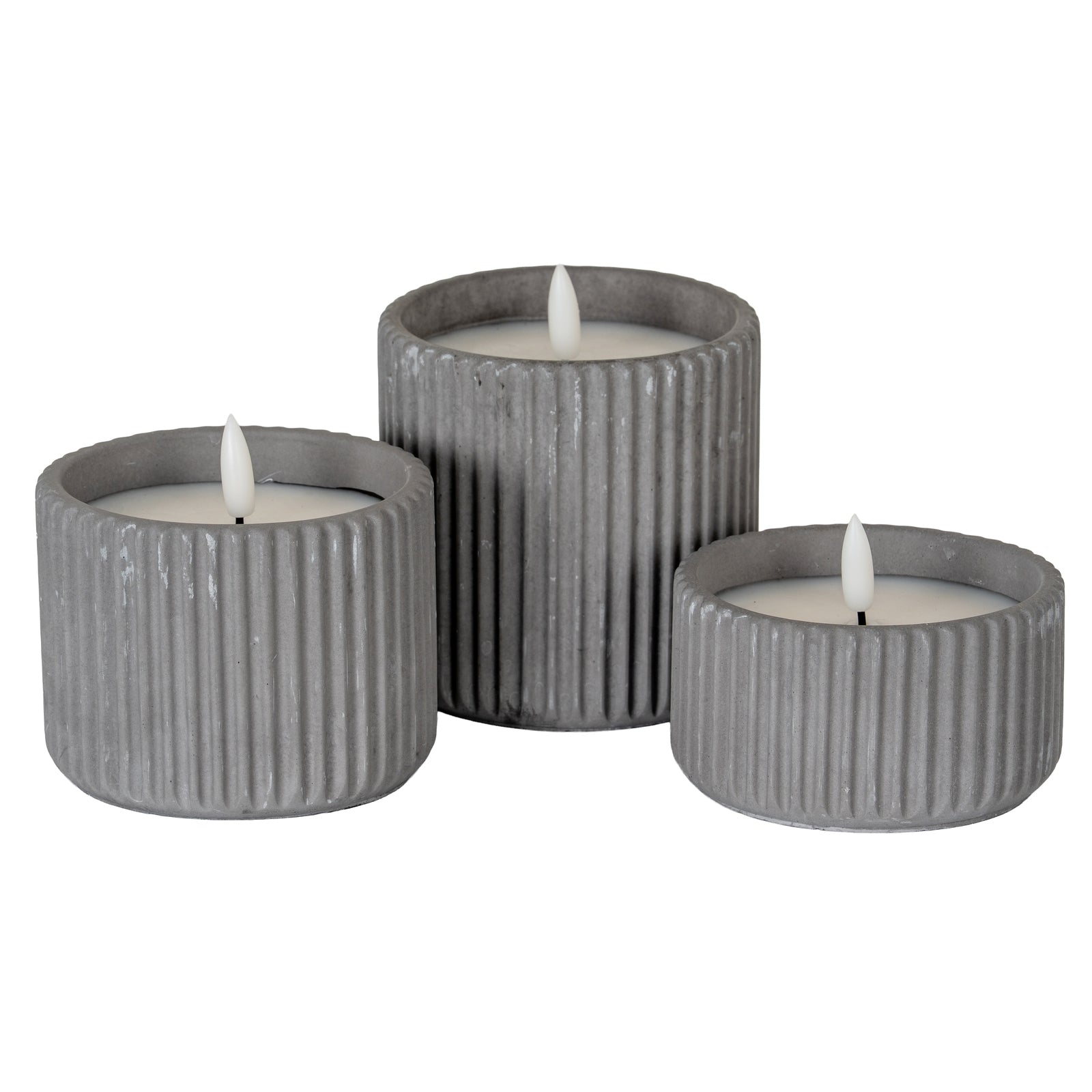Large Grey Ribbed LED Candle with Natural Glow