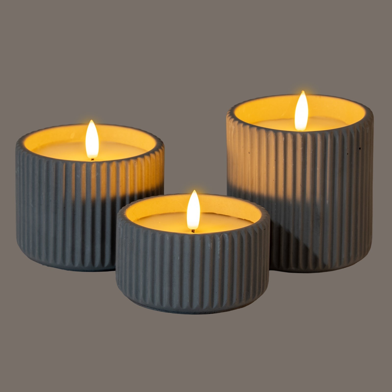 Large Grey Ribbed LED Candle with Natural Glow