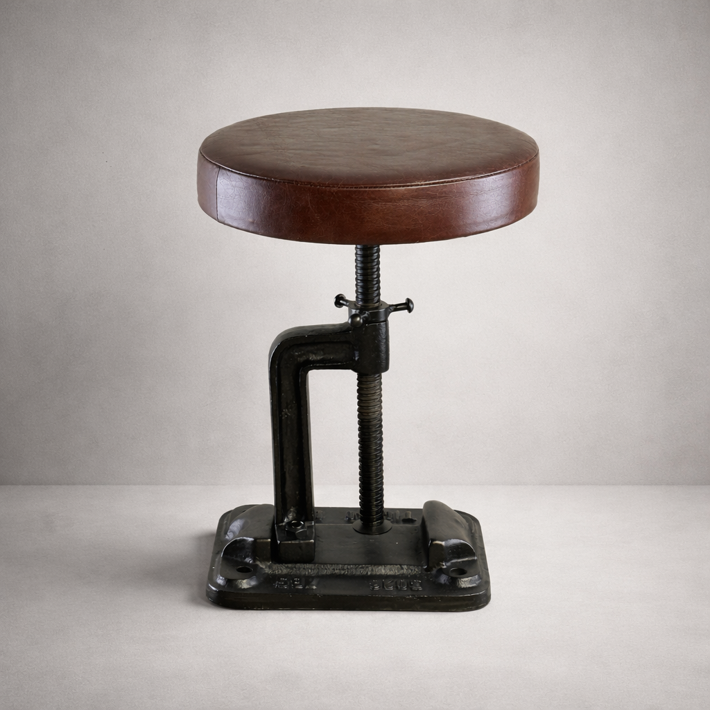Vice Clamp Adjustable Stool | Cast Iron Industrial Seat | Leather Top
