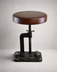 Vice Clamp Adjustable Stool | Cast Iron Industrial Seat | Leather Top