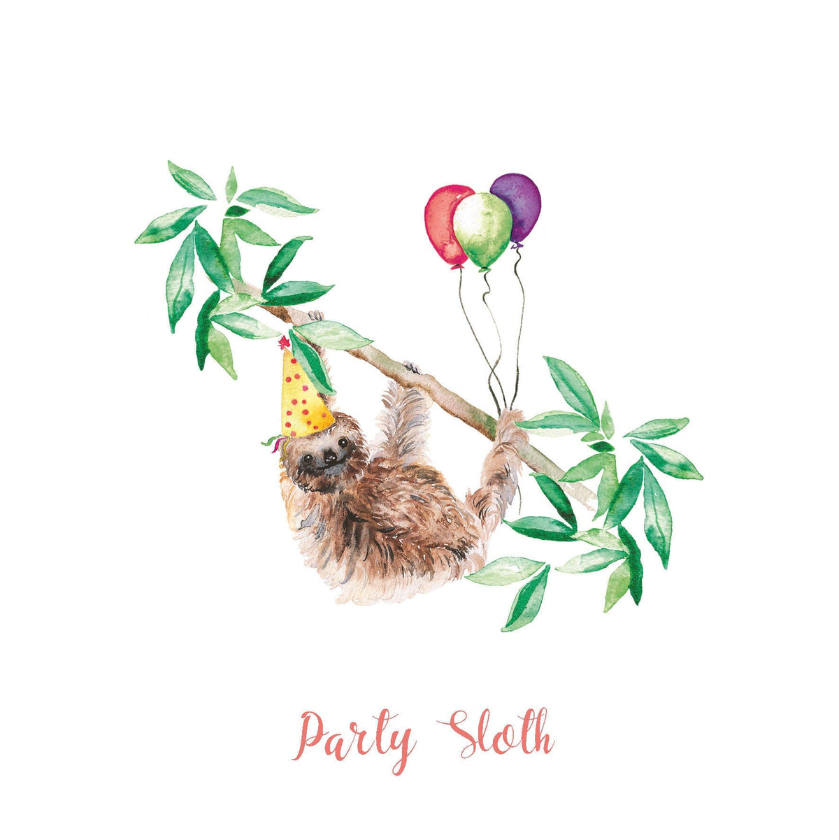 Party Sloth hand painted greetings card