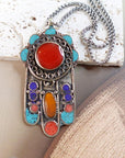 Handcrafted Hamsa Pendant - Tibetan Nepal - Amber, Coral Stone - Fatima Hands