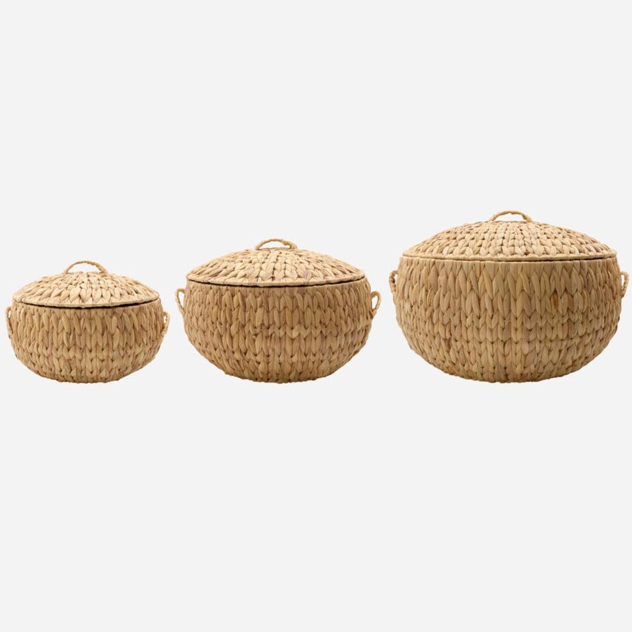 Premium handwoven water hyacinth baskets set of 3, versatile sustainable storage for kitchen hallway living room decor by Ella James at brixbailey.com