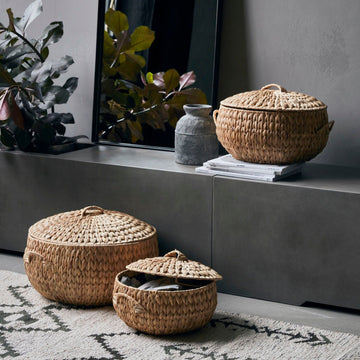 Luxury set of three handwoven water hyacinth baskets, premium sustainable storage for kitchen, hallway, or living room decor by Ella James at brixbailey.com