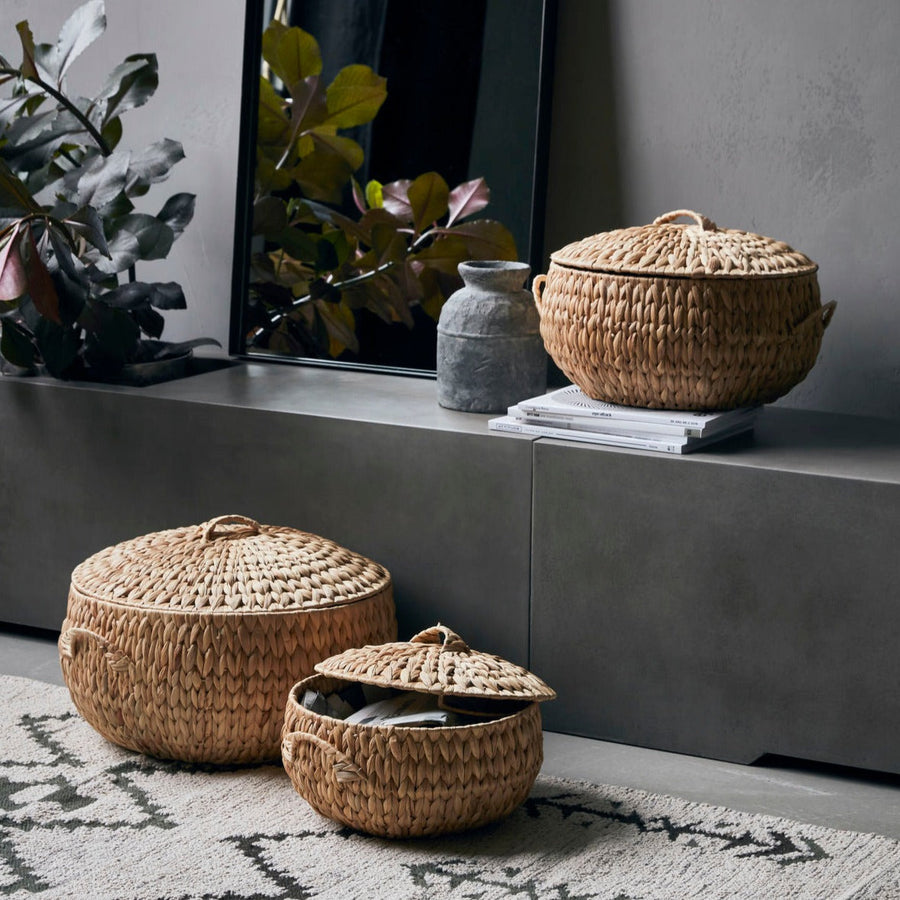 Luxury set of three handwoven water hyacinth baskets, premium sustainable storage for kitchen, hallway, or living room decor by Ella James at brixbailey.com