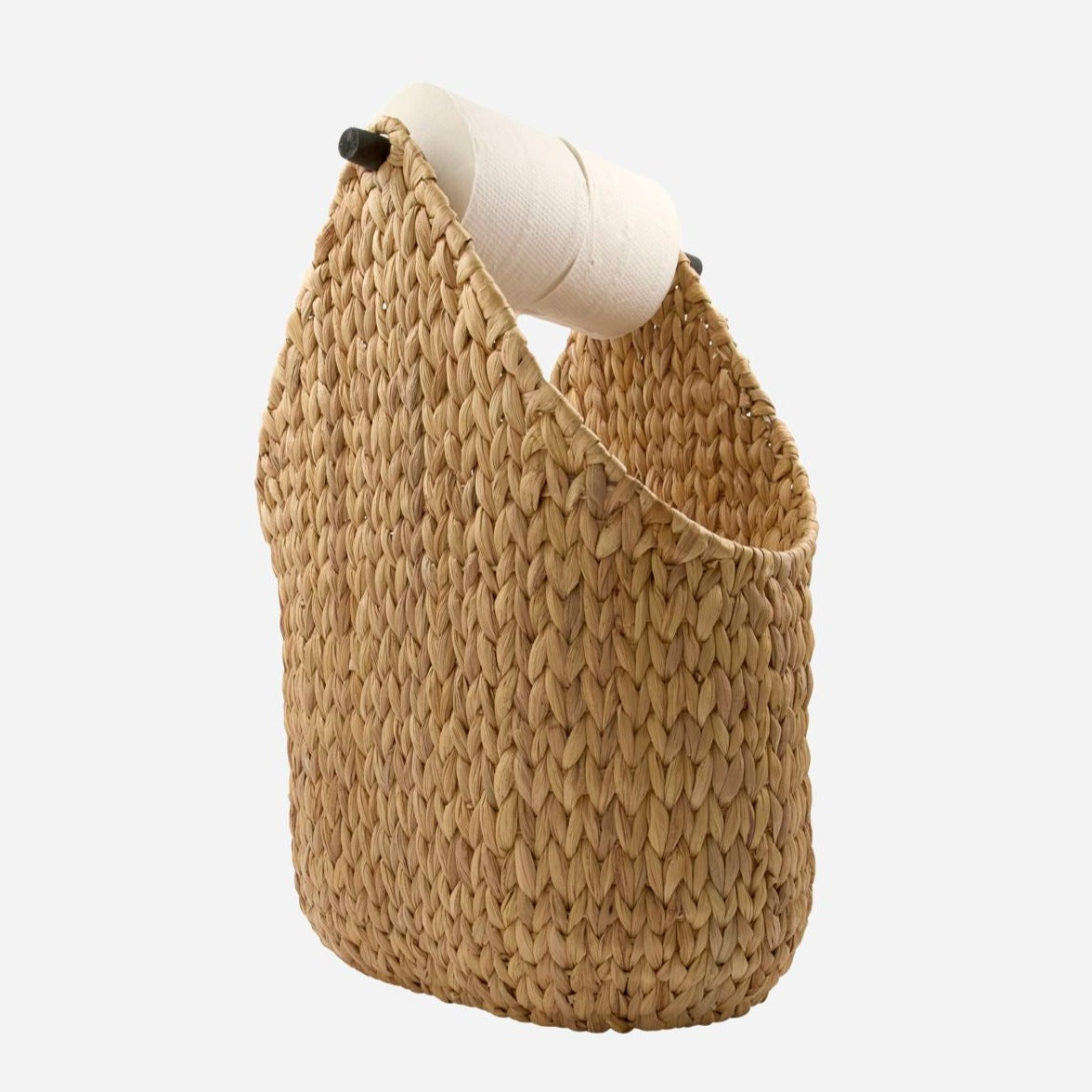 Luxury water hyacinth toilet paper holder, handwoven modern bathroom organizer with wooden handle, stylish natural decor by Ella James at brixbailey.com