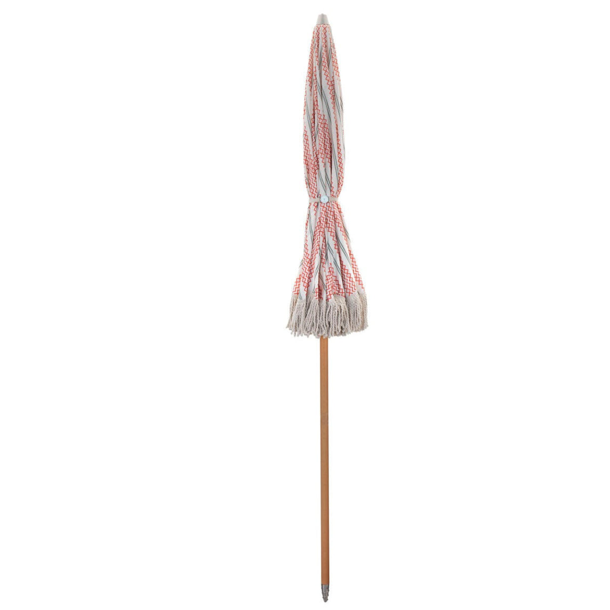Luxury Umbria Parasol with vintage red and green stripes, fringe trim, wooden pole, easy storage, garden umbrella by Ella James at brixbailey.com