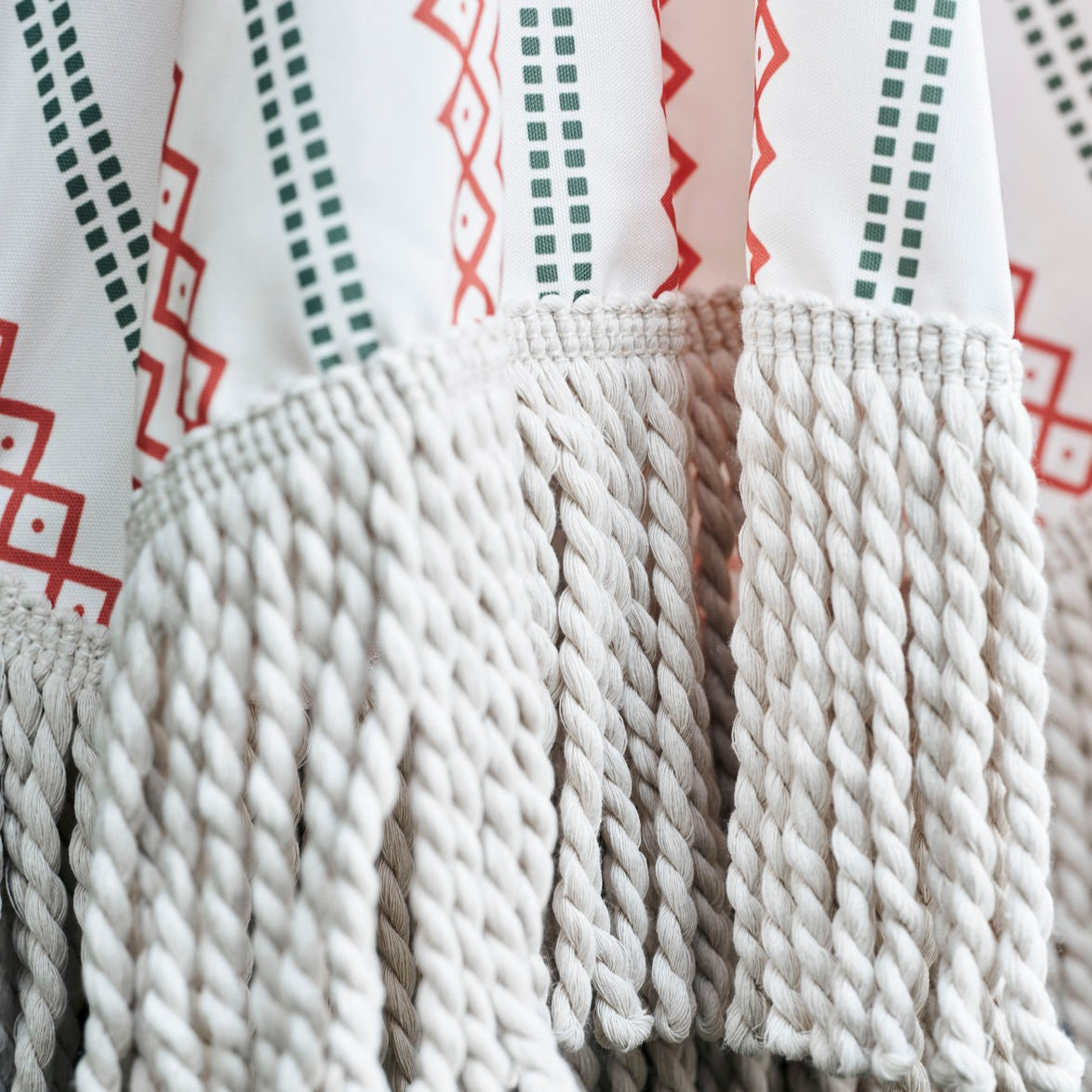 Luxury Umbria Parasol, stylish red and green vintage stripe with fringe trim, wooden pole, easy storage, premium garden umbrella by Ella James at brixbailey.com