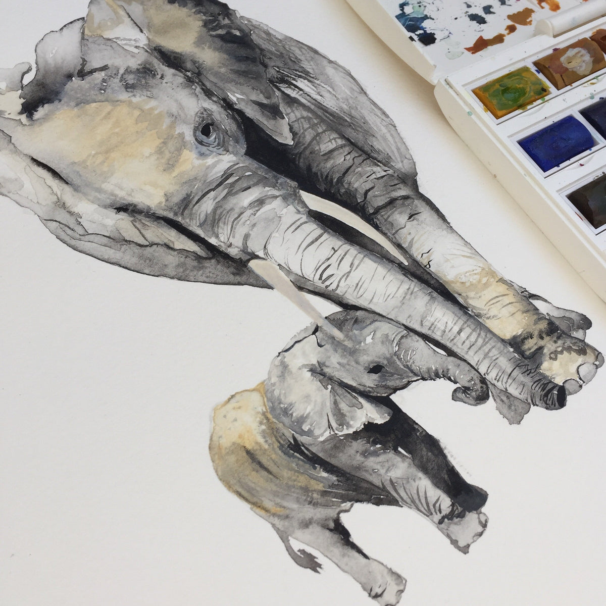 Elephant Mum and Baby Watercolour Print