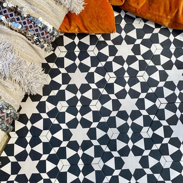 Luxury Zeena porcelain patterned tiles, black beige Moroccan zellige mosaic design, premium anti-slip indoor outdoor tile by Maria Starling Design at brixbailey.com