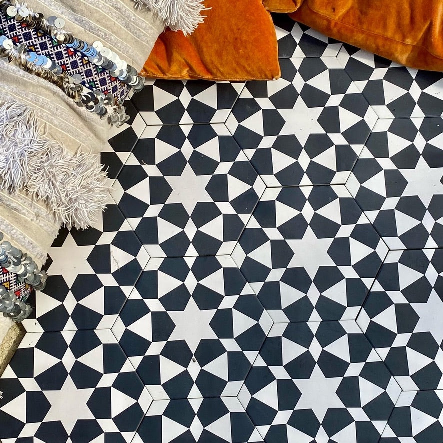 Luxury Zeena porcelain patterned tiles, black beige Moroccan zellige mosaic design, premium anti-slip indoor outdoor tile by Maria Starling Design at brixbailey.com