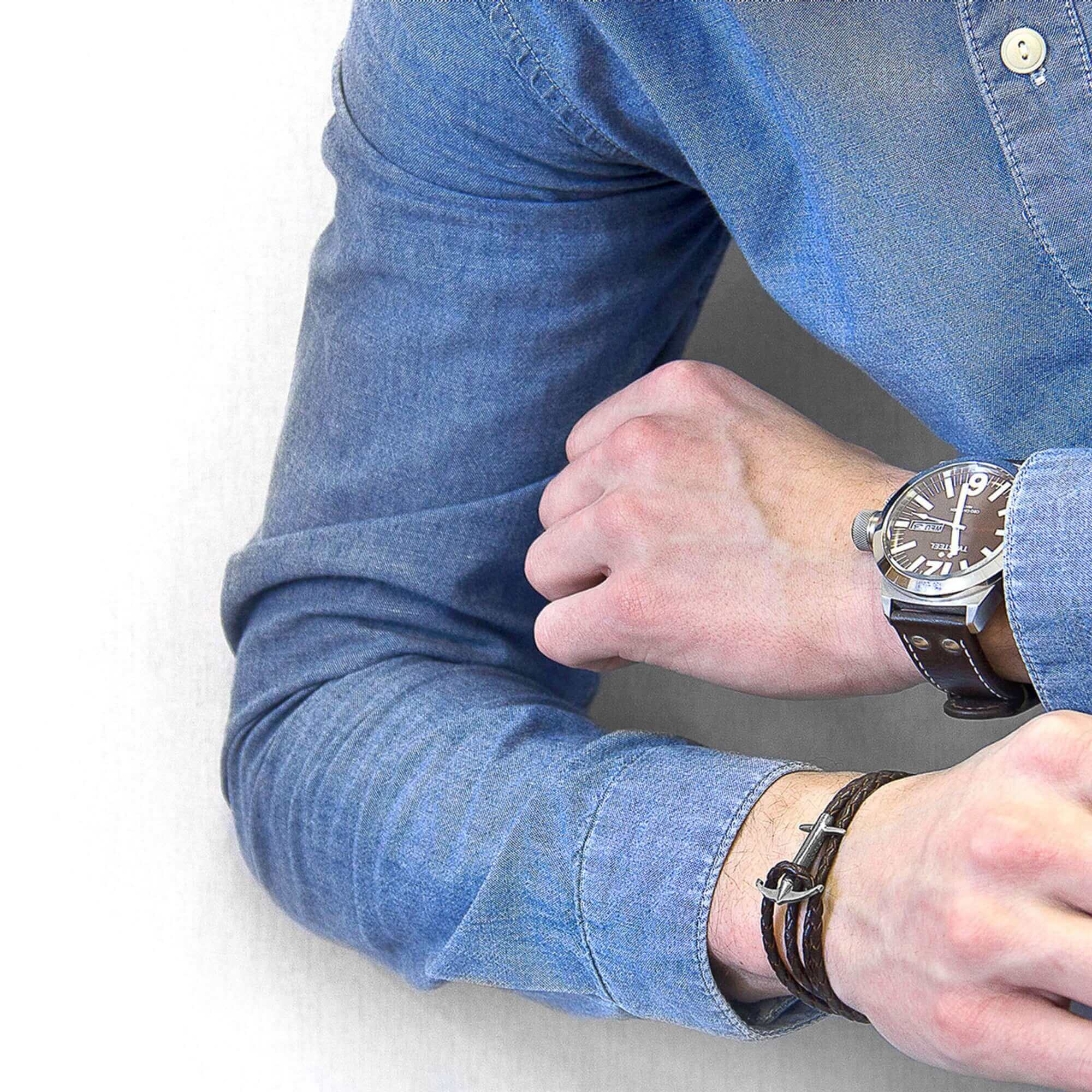 Silver Anchor and Braided Leather Bracelet Dark Brown