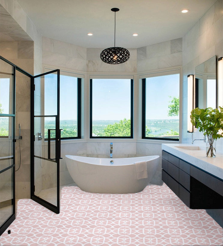 Luxury Moroccan cement tiles, pink-white Lotus floor and wall tiles, handcrafted premium contemporary design by Maria Starling Design at brixbailey.com