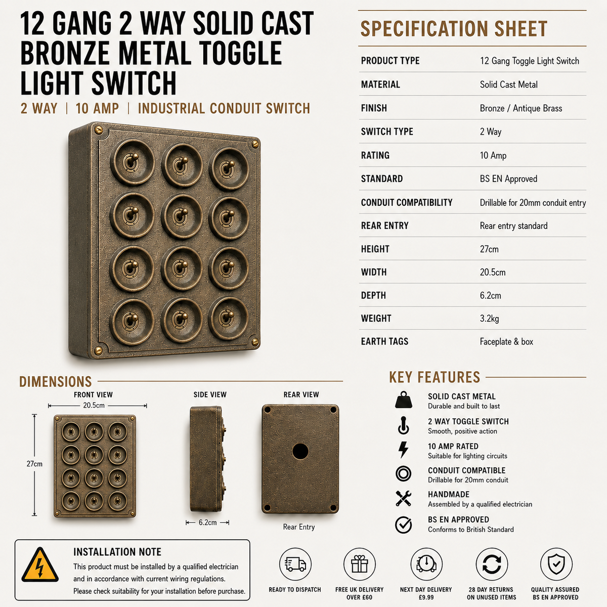 12 Gang 2 Way Antique Brass Solid Cast Metal Conduit Toggle Light Switch