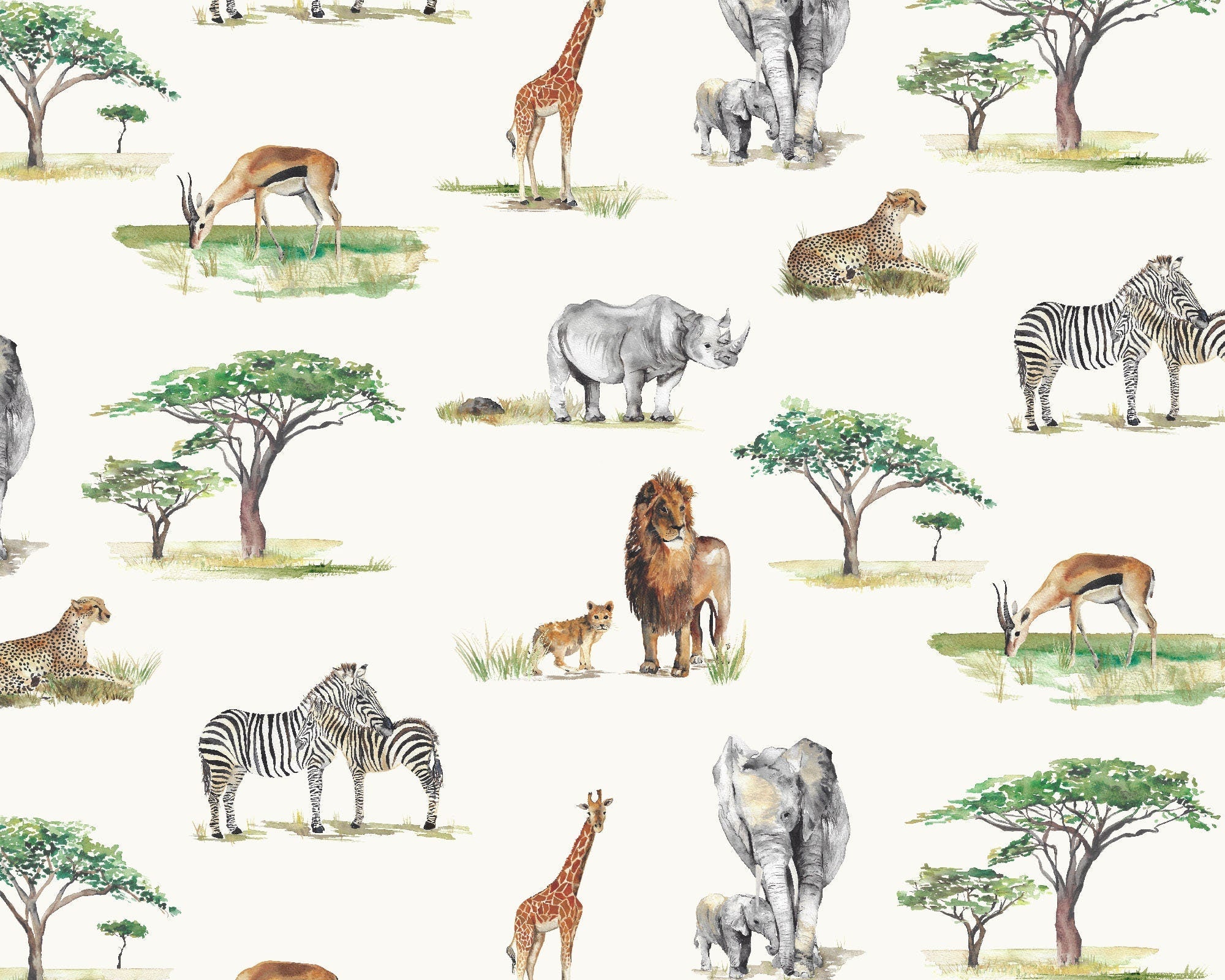 Safari Animals Watercolour Wallpaper - Children's Bedroom &amp; Nursery
