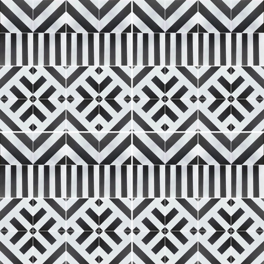 Black geometric porcelain tile, premium anti-slip outdoor tile, stylish durable 20x20cm square tile for modern interiors by Maria Starling Design at brixbailey.com