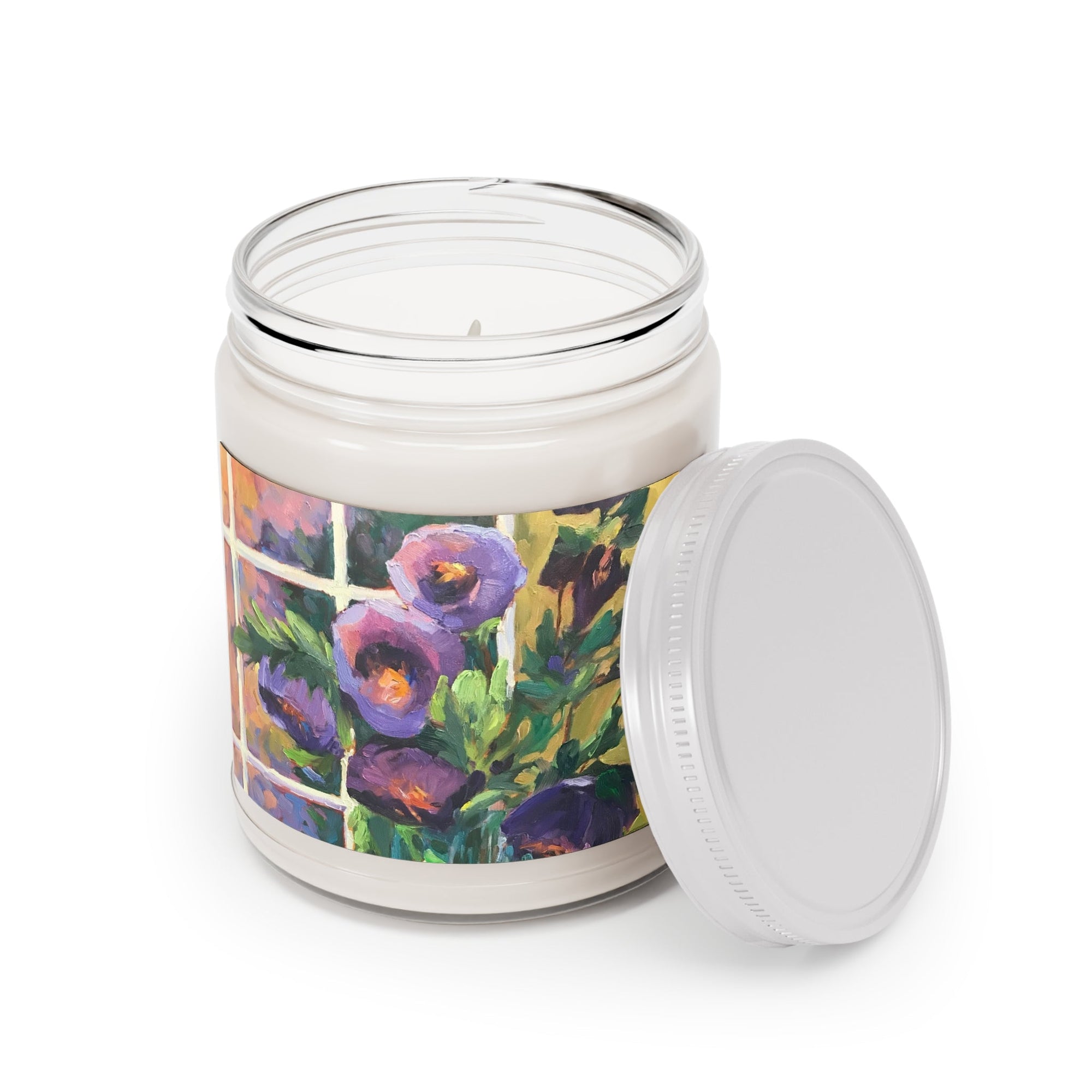 9oz Eco-Friendly Scented or Unscented Soy Wax Candle Jar with &#39;Purple Flowers&#39; Artwork by American Artist Barbara Cleary