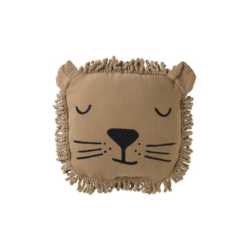 Premium Nobodinoz lion cushion with sleepy face, curly fringe, and embroidered details, soft plush toy for kids by Ella James at brixbailey.com