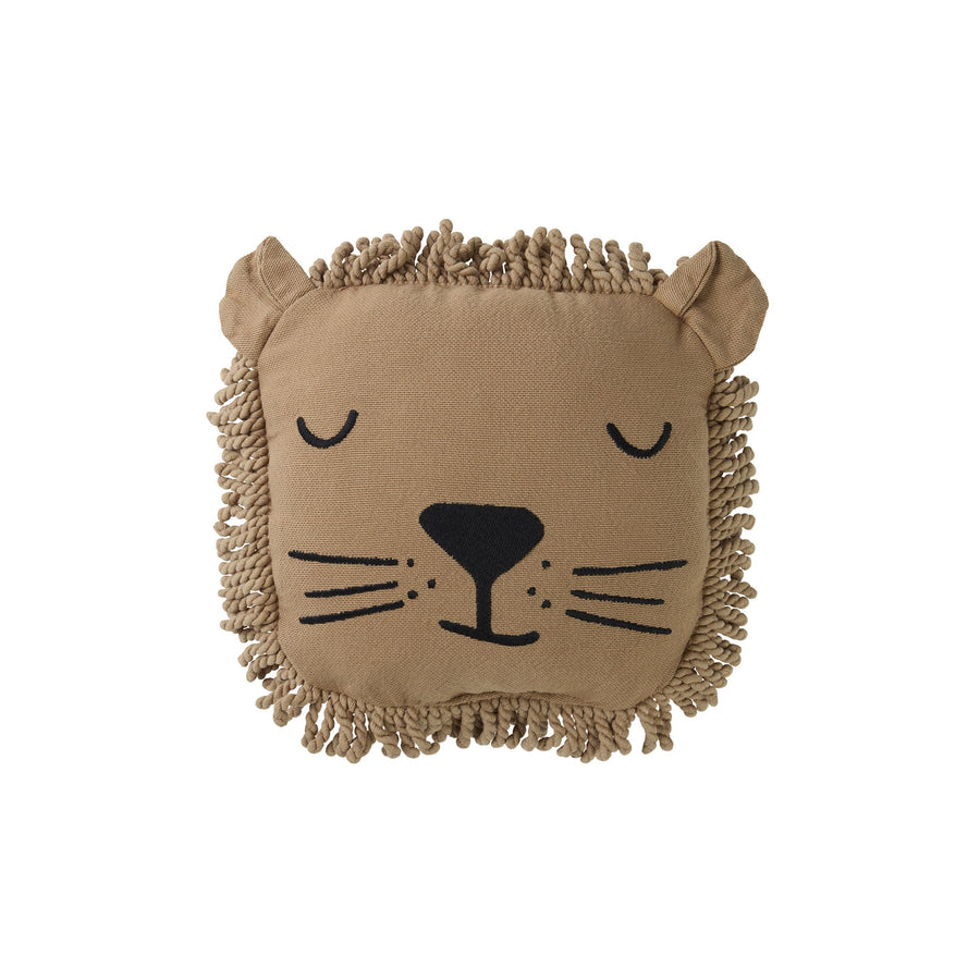 Premium Nobodinoz lion cushion with sleepy face, curly fringe, and embroidered details, soft plush toy for kids by Ella James at brixbailey.com