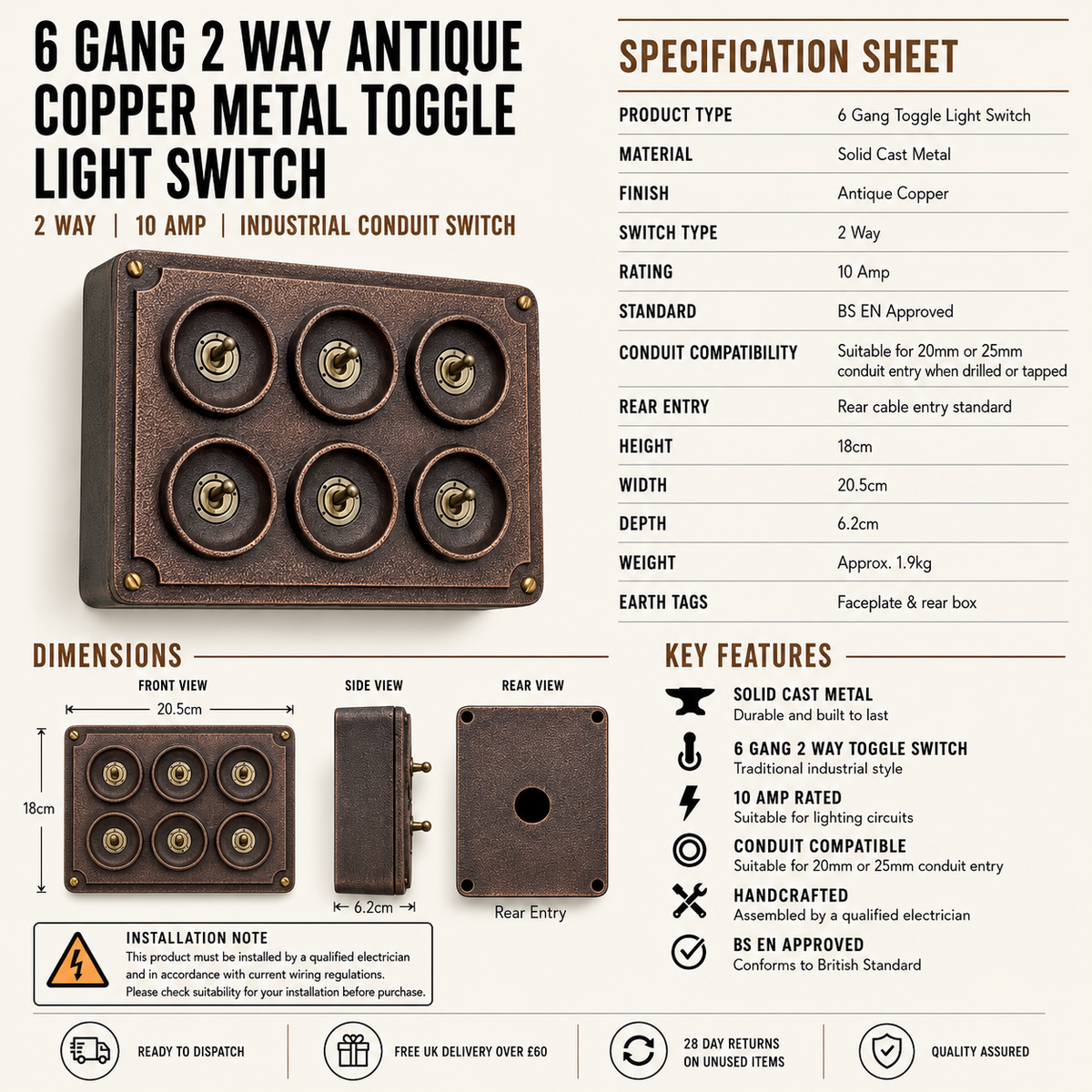 6 Gang 2 Way Antique Copper Conduit Toggle Light Switch | Cast Metal